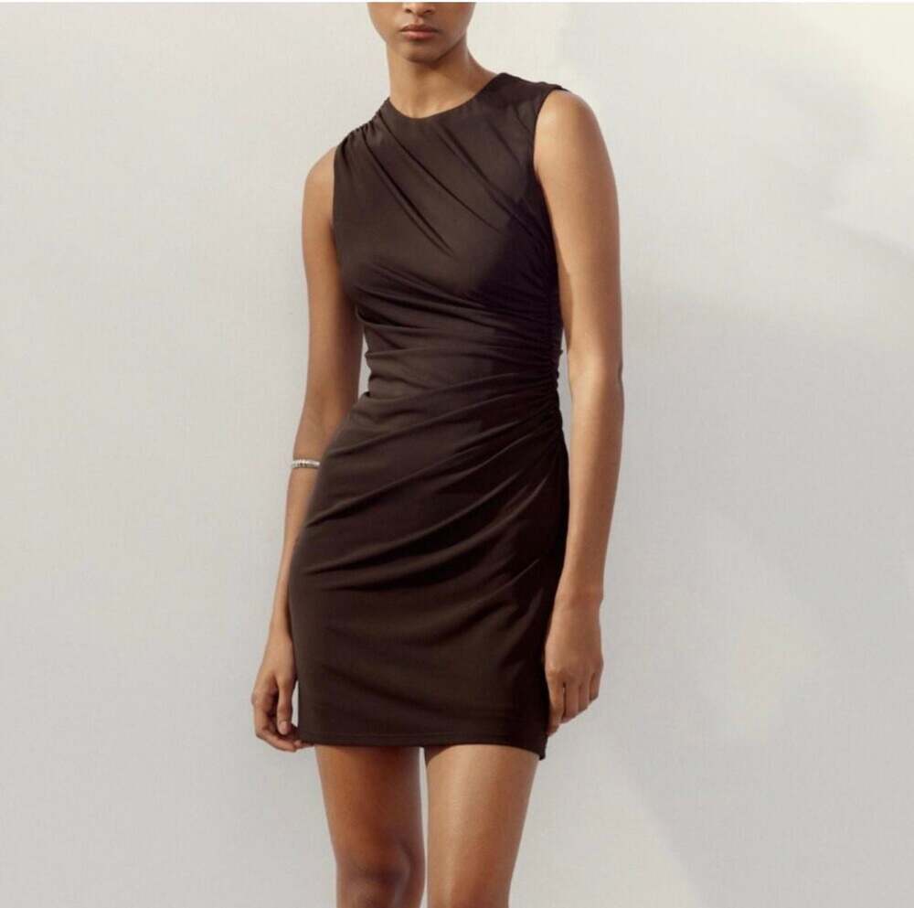 NEW Zara Chocolate Brown Sleeveless Ruched Mini Dress Size XXL